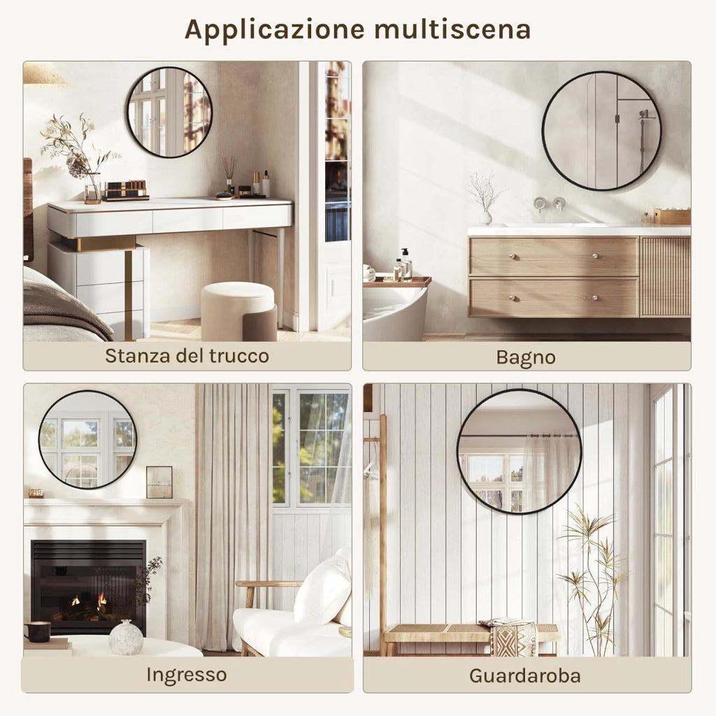 Specchio da Parete, Specchio Trucco,Cornice in Metallo Antiruggine, Decorativo per Bagno con Immagine Nitida, Ideale per Trucco e Arredamento Moderno, Specchio Bagno, Rotondo Nero 71cm