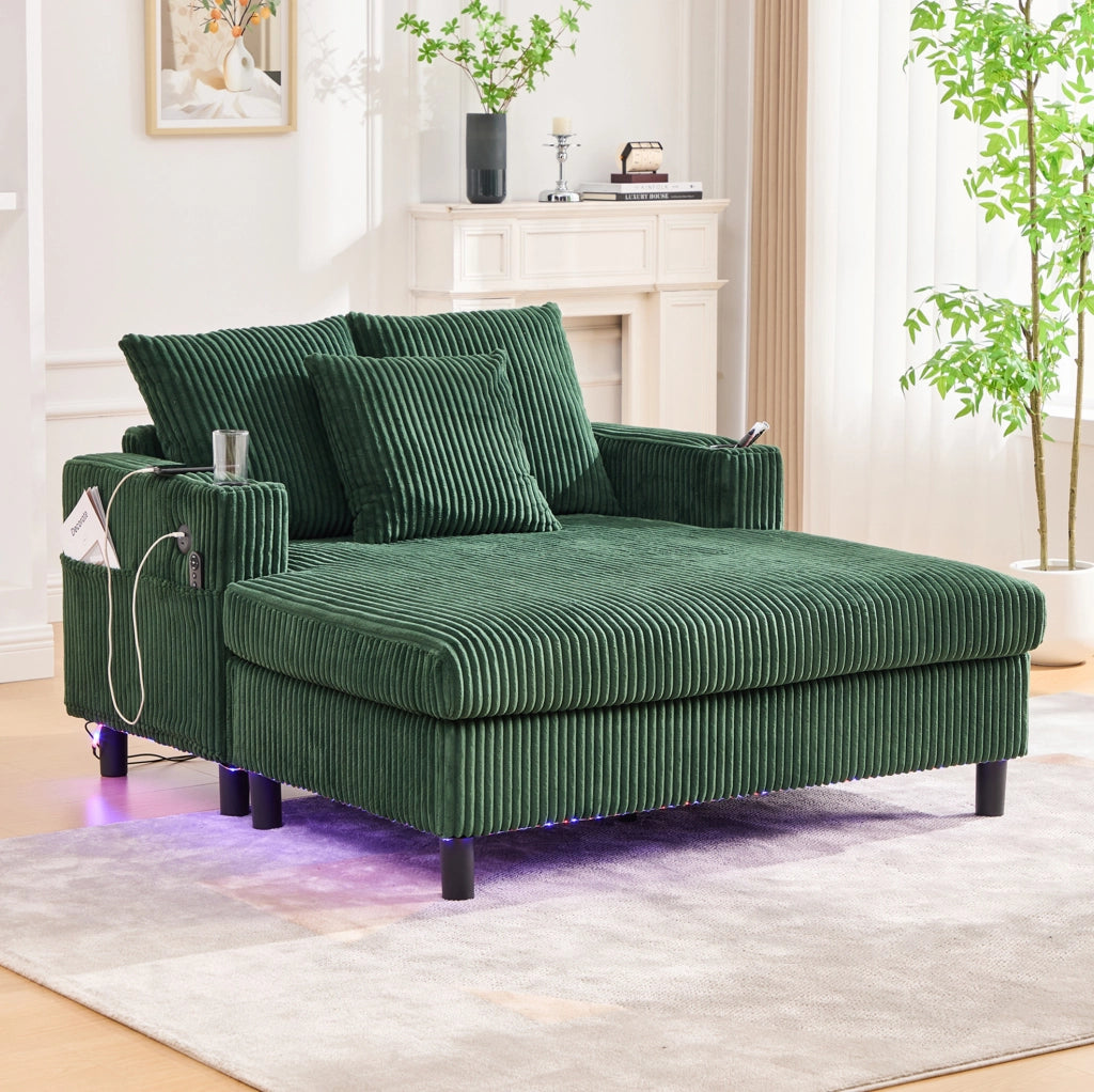 Poltrona relax extra large con LED; USB e porta bicchiere 142x128x85 cm in velluto a coste verde smeraldo