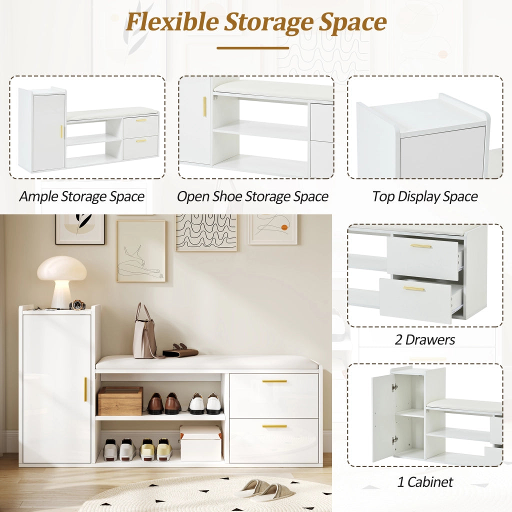Scarpiera con 2 cassetti e 1 anta, seduta imbottita e ripiani aperti, per ingresso, bianco 128 × 30 × 68 cm