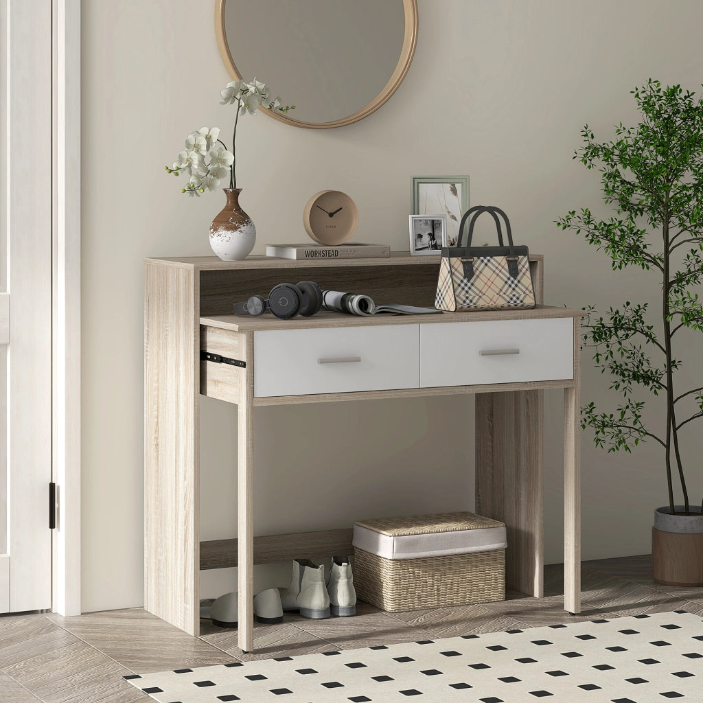Tavolo console con piano scorrevole e 2 cassetti ¨C Zephmum ¨C 95x35x87 cm, effetto quercia