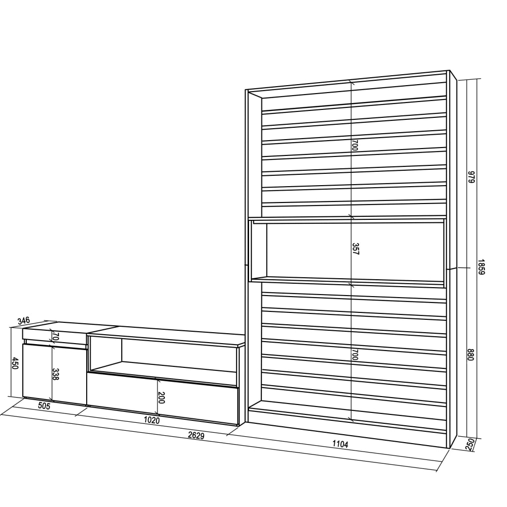 Mobile TV, Soggiorno, 260x35x186cm, Per TV fino a 65", Set di mobili, colore Rovere e nero RF2538