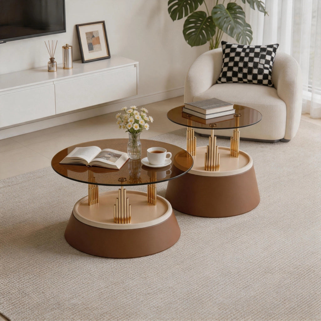 Tavolini da caffè impilabili in vetro e metallo - per soggiorno - 73.5×73.5×34 cm - marrone