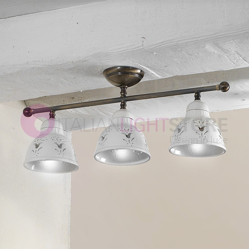 MASSERIA Plafoniera a Soffitto 3 Luci Ottone e Ceramica Rustico Country