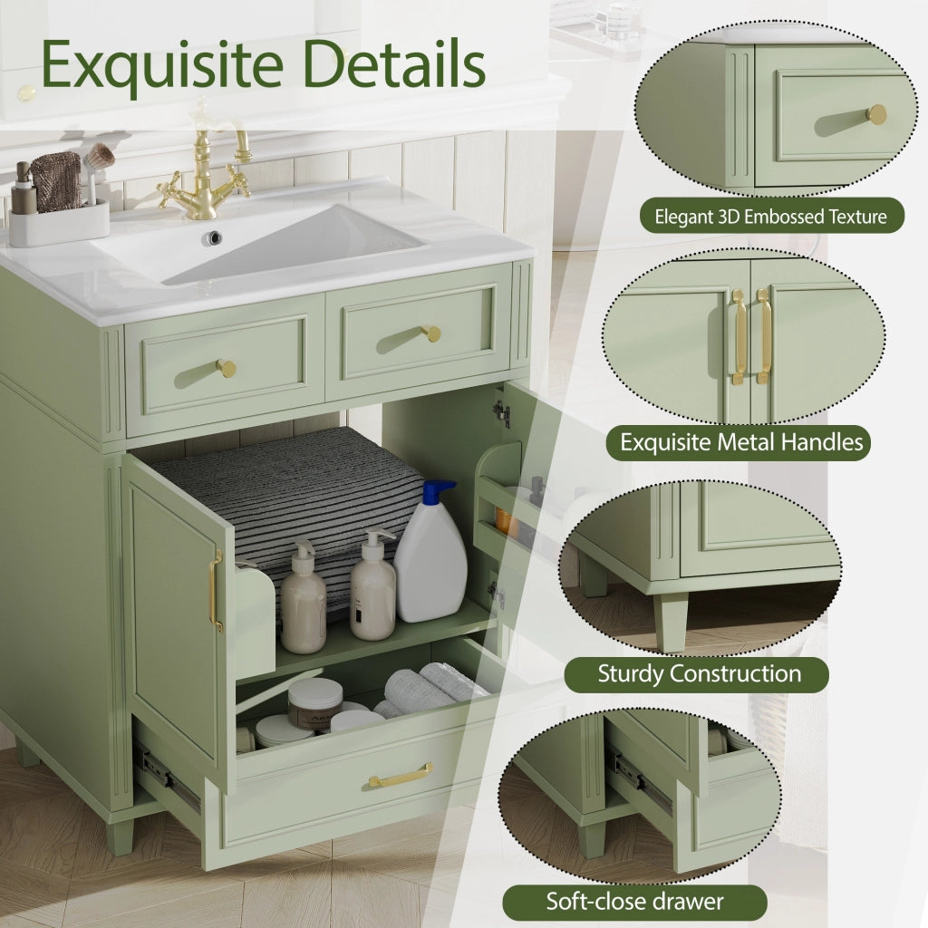 Mobile Sottolavabo con Lavabo in Ceramica ¨C MINIMAL ¨C Cassetto Soft-Close, Verde, 81x45.5x86.5 cm