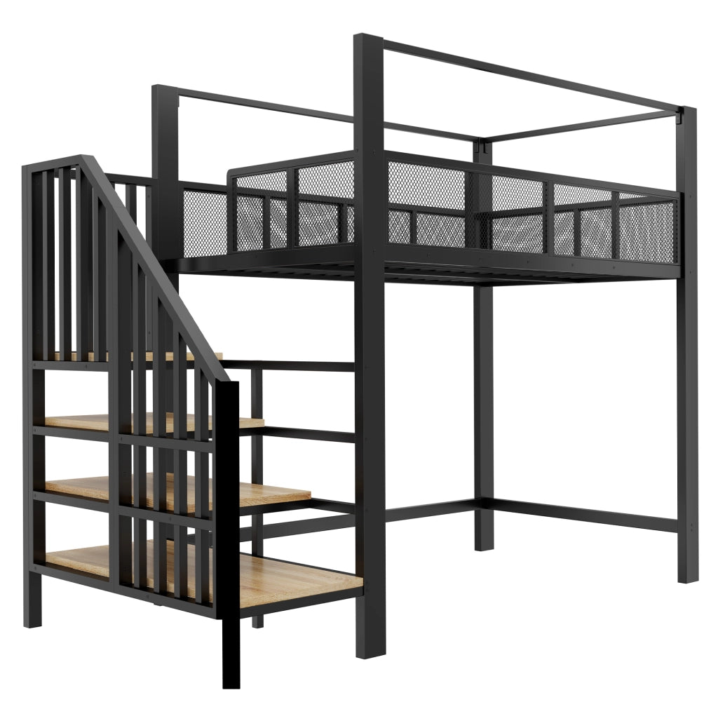 Letto a soppalco 90x200 cm nero in metallo; scala con contenitore e baldacchino