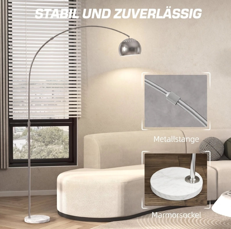 Lampada da terra arcuata argento con base in marmo, 167 cm