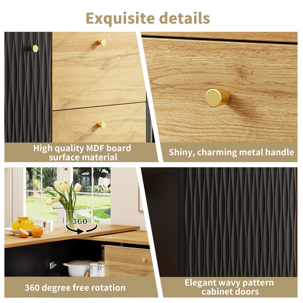 OKWISH Tavolo da Bar con 3 Cassetti e 5 Ripiani, Piano Girevole ed Estensibile, per Cucina e Soggiorno, Nero, 138-204×39×104 cm