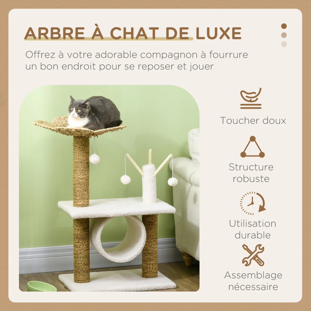 Arbre ¨¤ chat griffoir sisal tunnel plateforme peluche ¨C Zephmum ¨C 56x40x91 beige