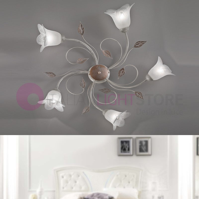 PIENZA Plafoniera in Ferro Rustico a 5 Luci Stile Floreale