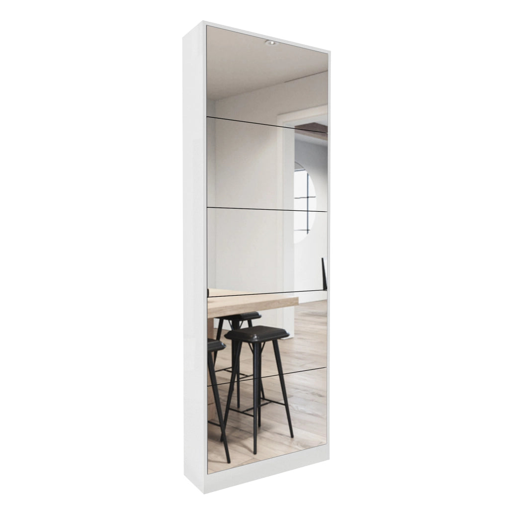 Scarpiera con 5 ante a ribalta e specchio a figura intera salvaspazio per ingresso; in MDF; bianco; 63×19.6×185 cm