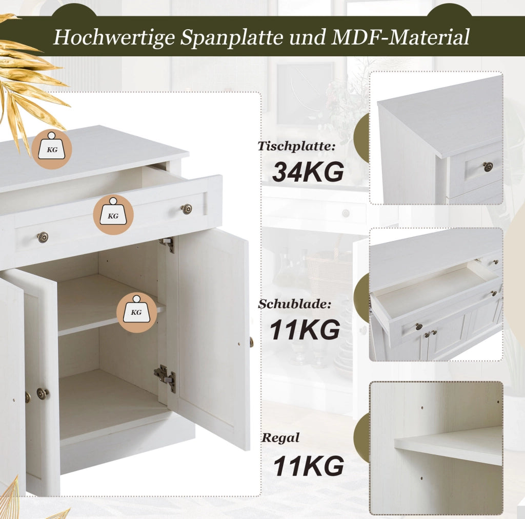Credenza Sideboard con 4 ante e 2 cassetti; 150x40x86 cm; bianco antico
