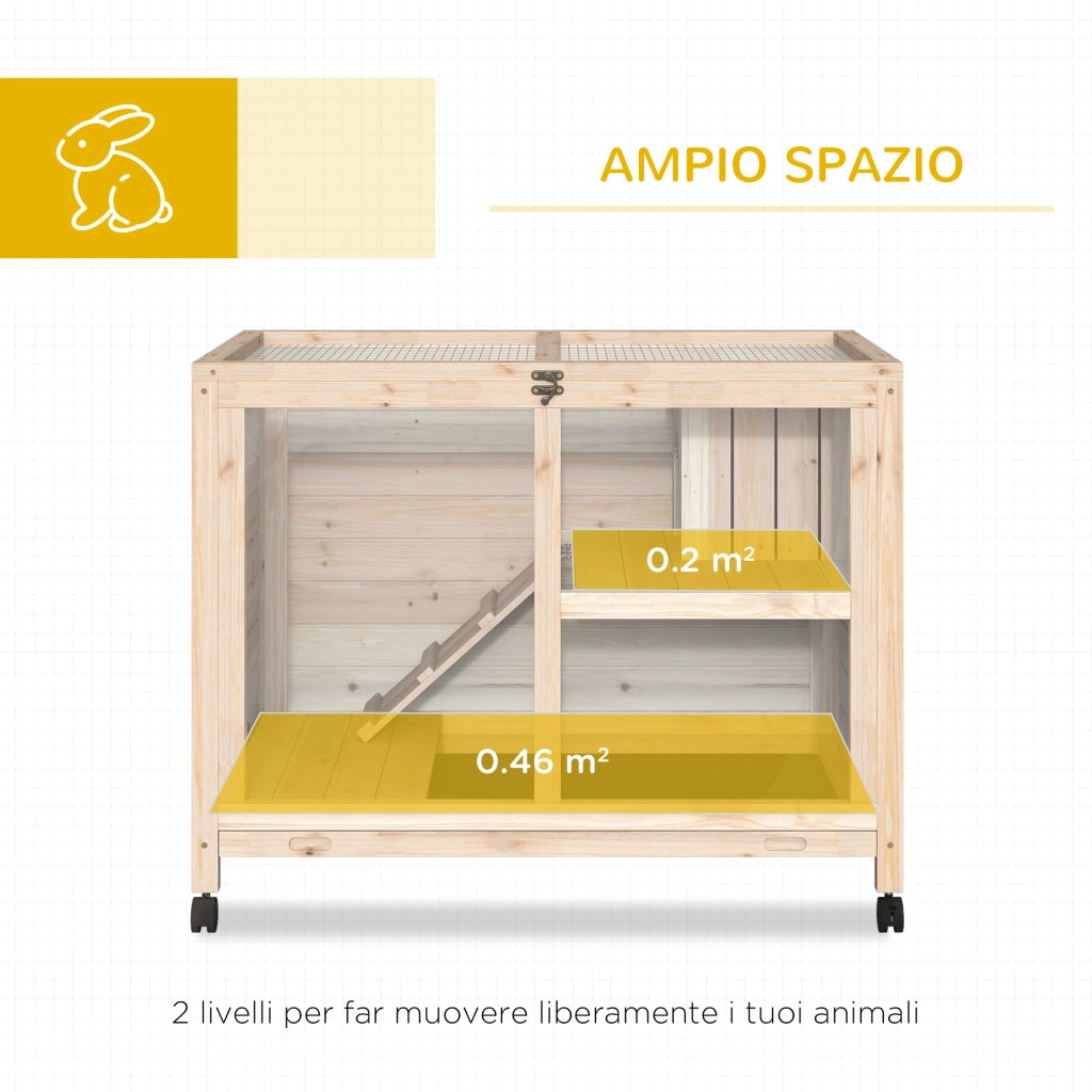 Conigliera in Legno a 2 Piani con Casetta, Rampa e Vassoio Estraibile, 91.5x53.3x73cm