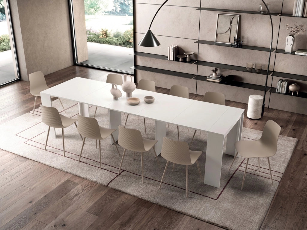 Consolle Allungabile Segmenta OM/119/B, Laccato Bianco Opaco, Struttura in MDF e Allunghe in Melaminico Antigraffio - Stones