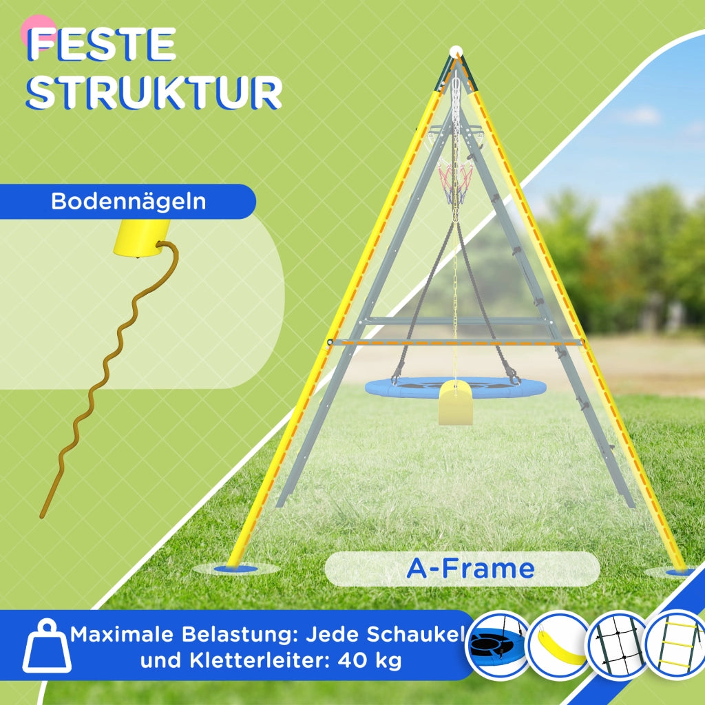 Altalena da giardino con 2 altalene, canestro basket, scala ¨C Xylo ¨C Giallo 267x180x202 cm