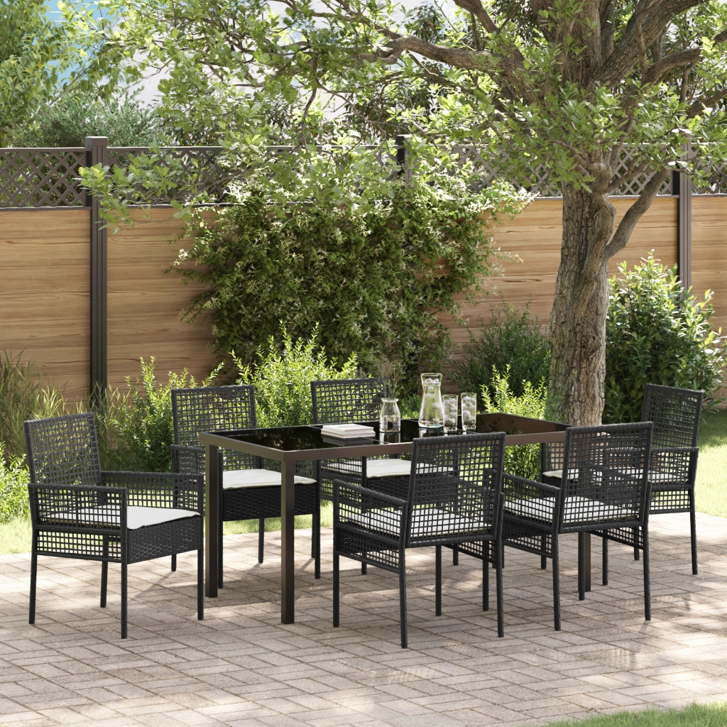 Set da Pranzo da Giardino da 7 Pezzi con Cuscini in Polyrattan Nero