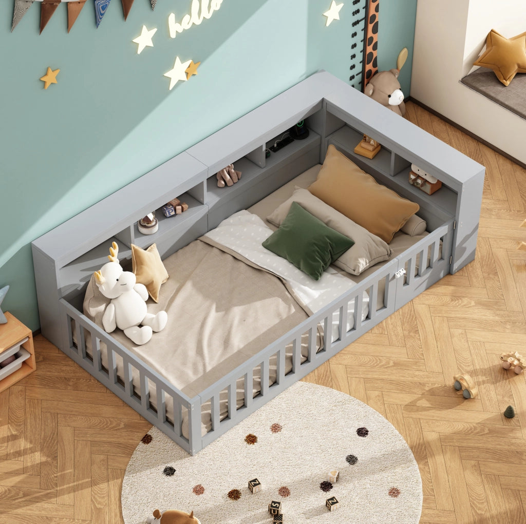 Letto singolo 90x200 cm con USB, presa e vano contenitore grigio