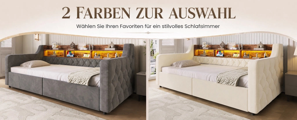 Letto singolo imbottito 90x190 cm con contenitore, LED integrato, porte USB e Type-C, testiera con ripiani e 2 cassetti beige