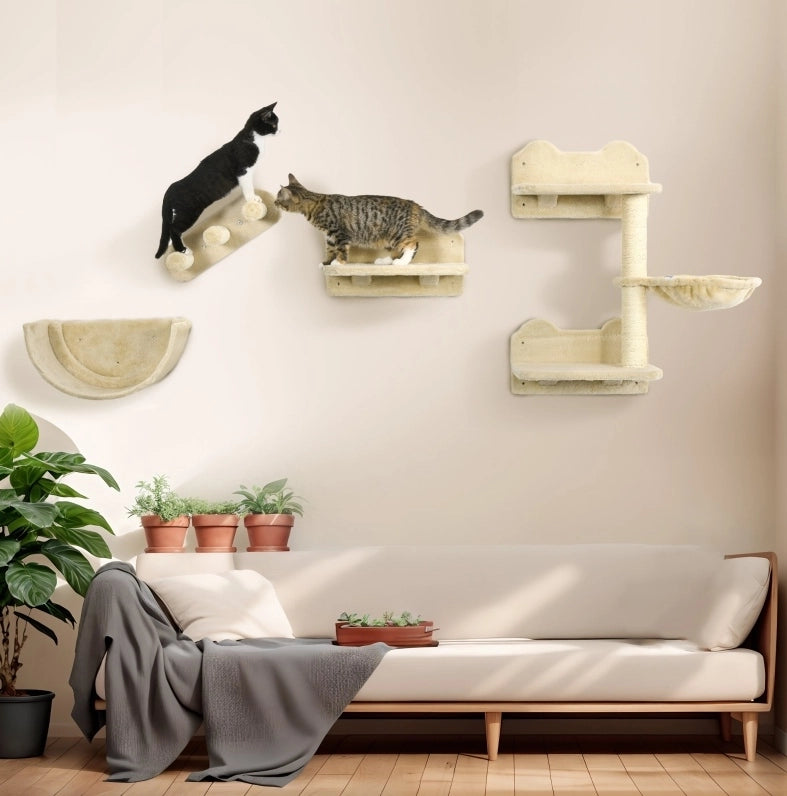 Parete tiragraffi per gatti beige a 4 elementi con piattaforme e amaca