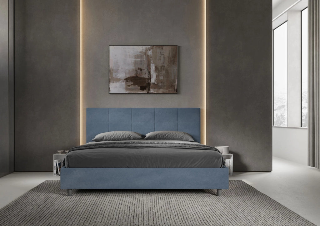 BS COM Letto matrimoniale king size con rete imbottito 190x210 microfibra blu