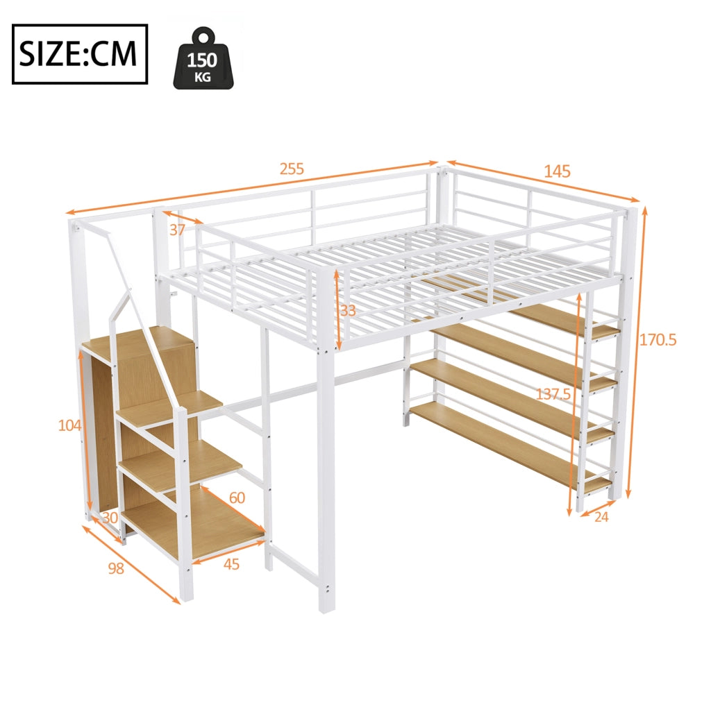 Letto a soppalco 140x200 cm con scala contenitore bianco