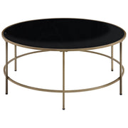 Tavolino da Caffè Piano in Vetro Nero Struttura in Metallo dorato Rotondo 88 cm Glam