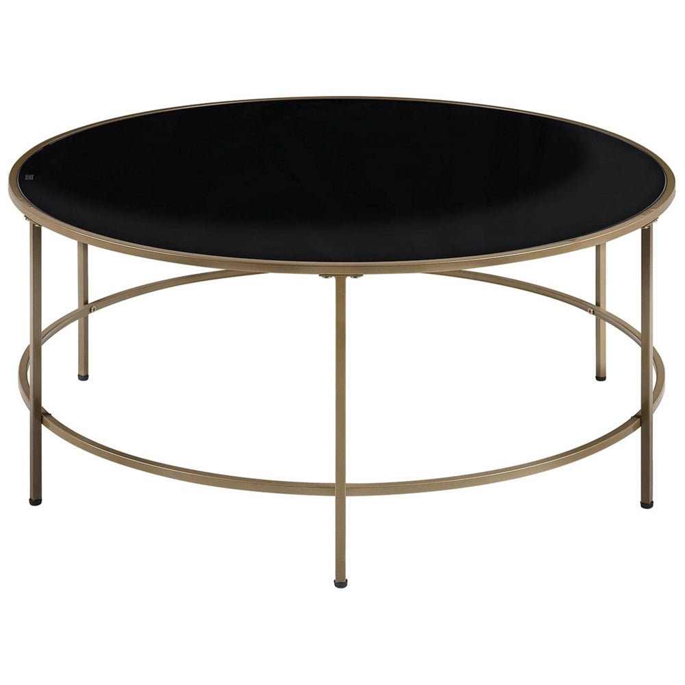 Tavolino da Caffè Piano in Vetro Nero Struttura in Metallo dorato Rotondo 88 cm Glam
