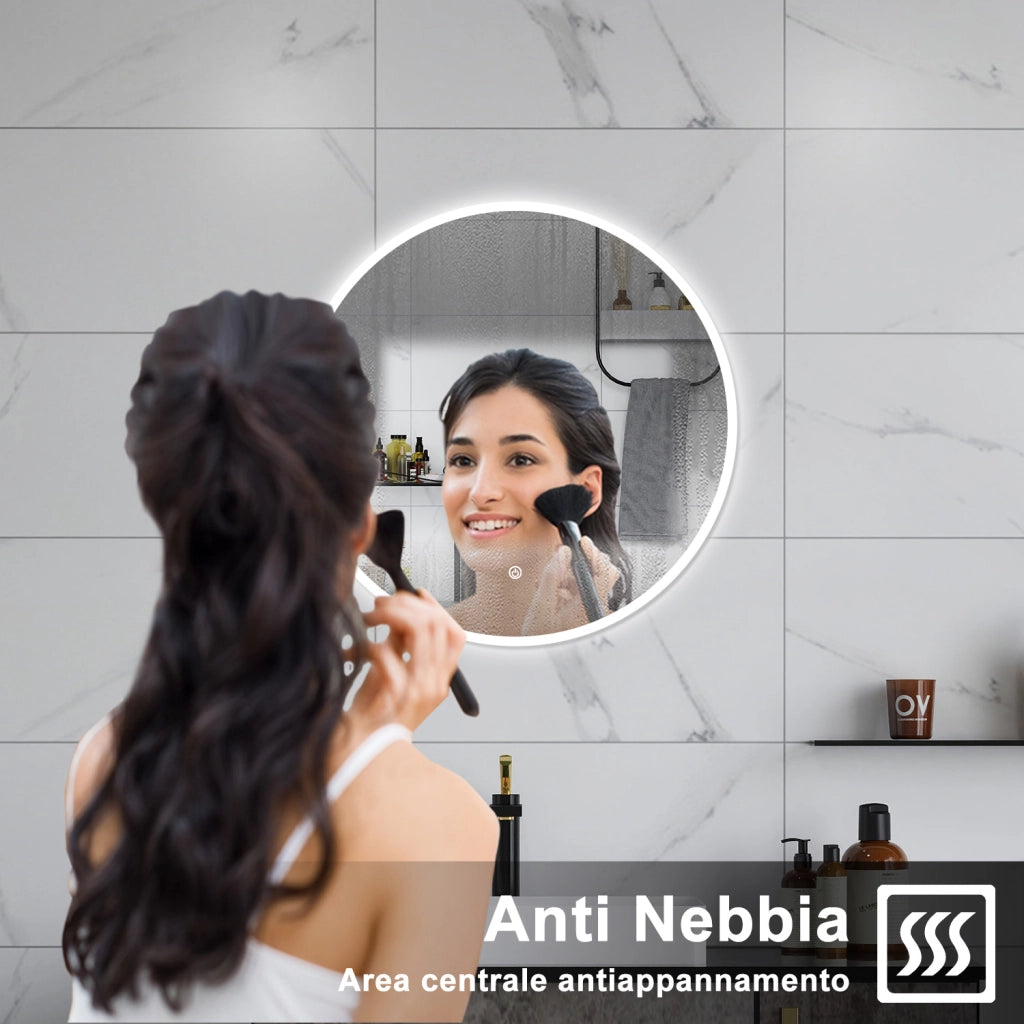 AICA Specchio da bagno 90 x 90 cm, 3 colori, antiappannamento, dimmerabile, interruttore touch, Funzione Memoria