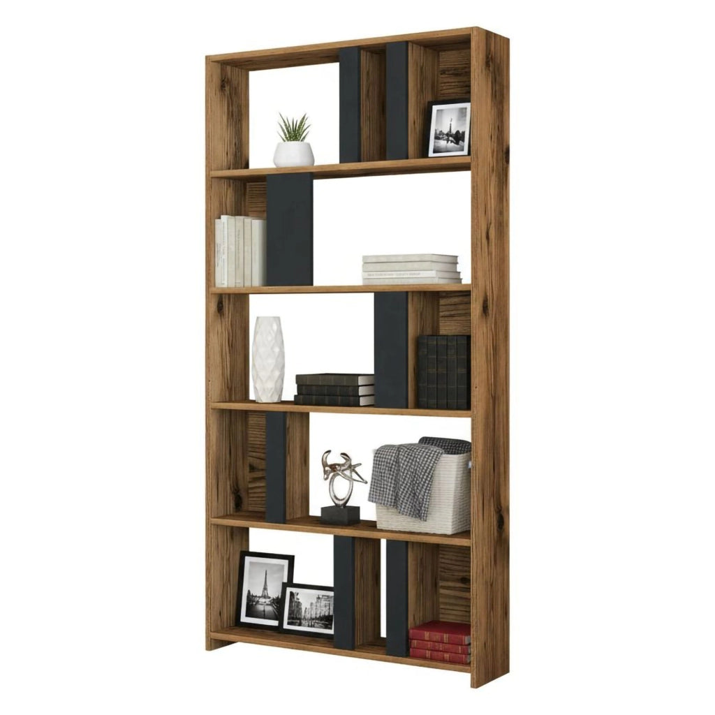 Libreria Scapolita, Scaffale da ufficio, Mobile portalibri, Biblioteca, 90x20h180 cm, Noce e Antracite