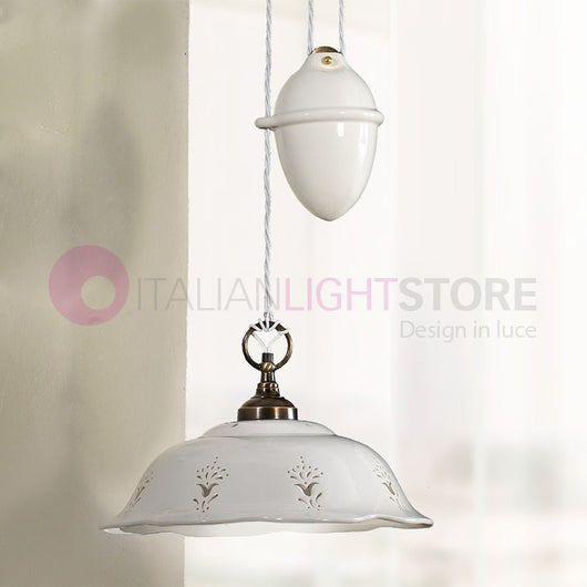 RIPARBELLA Lampadario Saliscendi in Ceramica e Ottone Rustico Country