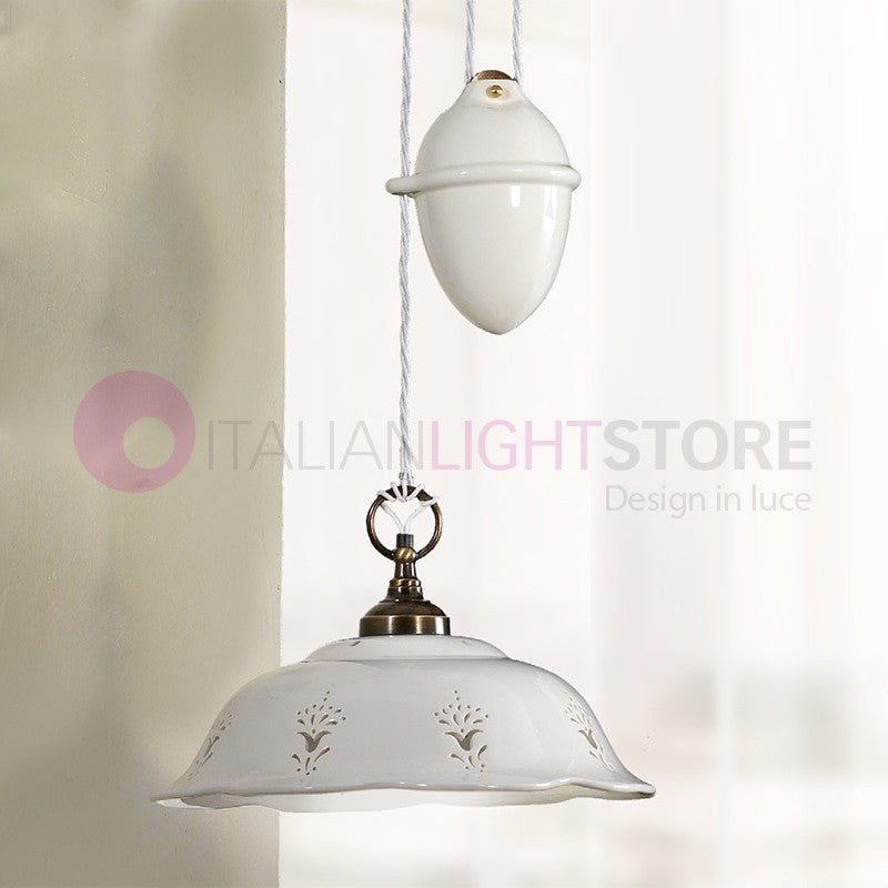 RIPARBELLA Lampadario Saliscendi in Ceramica e Ottone Rustico Country