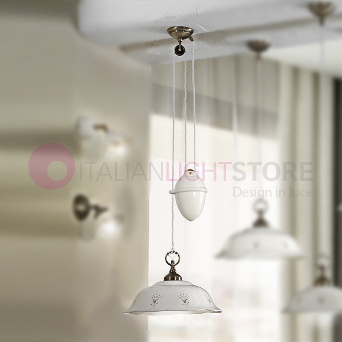 RIPARBELLA Lampadario Saliscendi in Ceramica e Ottone Rustico Country