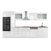 Cucina componibile R-Line Bianco lucido/Bianco 350 cm con armadio alto, PL Rovere Vicco