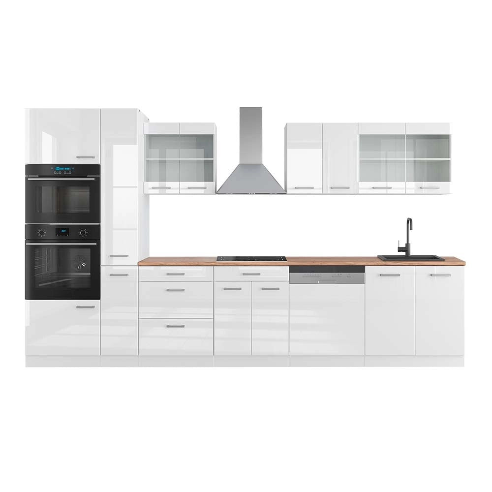 Cucina componibile R-Line Bianco lucido/Bianco 350 cm con armadio alto, PL Rovere Vicco