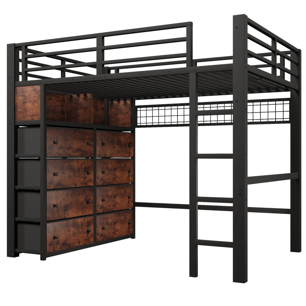 Letto a soppalco 140x200 cm con 8 cassetti; illuminazione LED; metallo e MDF; nero