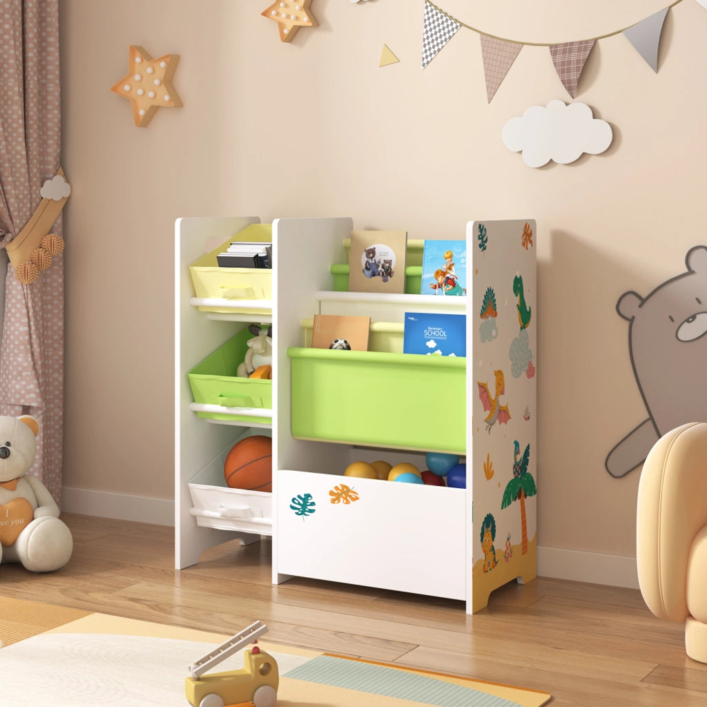 Scaffale 'Vimianzo' per Cameretta con Cassetti Pieghevoli e Contenitori Libri - Decorazione Dinosauro [en.casa]