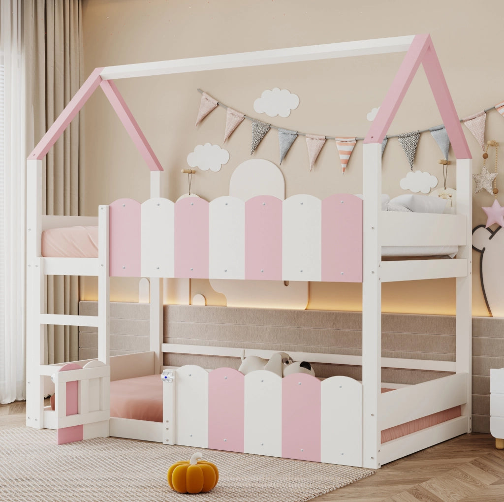 Letto a castello per bambini 90x200 cm a casetta con protezioni; rosa e bianco