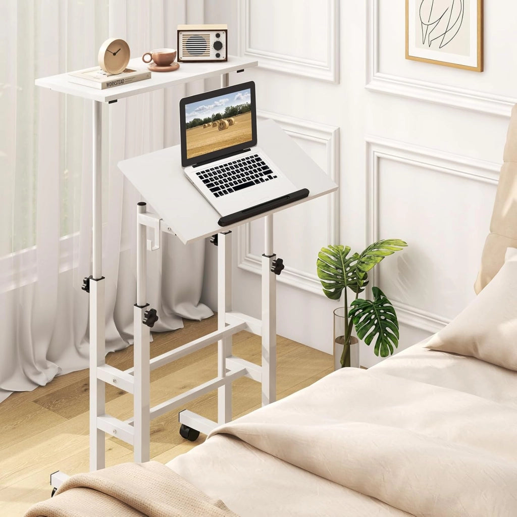 Scrivania regolabile in altezza, scrivania per computer, scrivania da disegno con ruote, scrivania mobile con 2 workstation separate, tavolo da lavoro per PC (bianco)