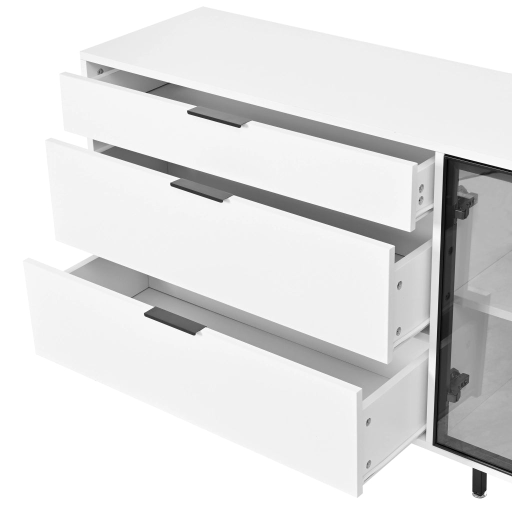 Credenza con 3 cassetti e vetrina LED - per soggiorno - 160x36x78 cm - bianco