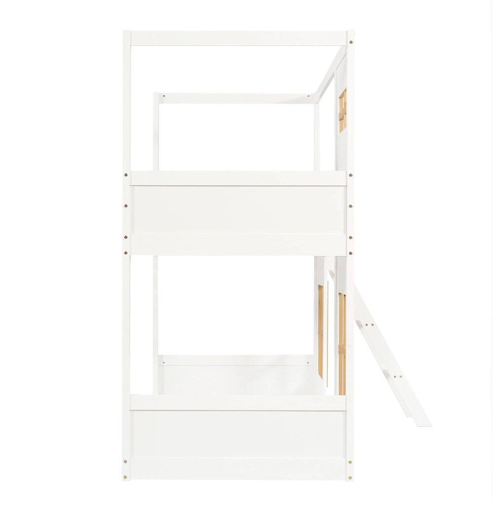 Letto a castello per bambini 90x200 cm in pino e MDF; bianco e naturale; con finestre e scala