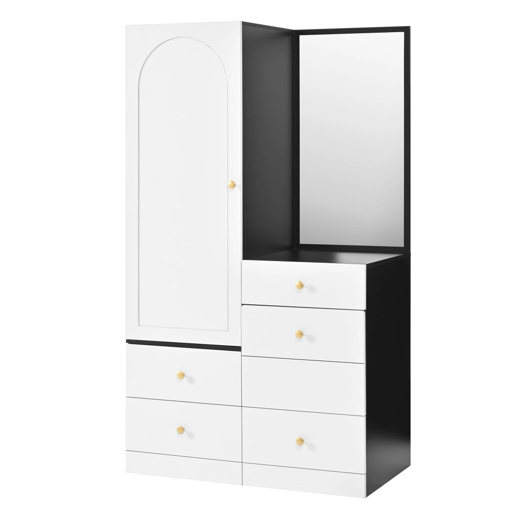 Toeletta con armadio; specchio intero; 1 anta e 4 cassetti - per camera da letto - in MDF - nero e bianco - 90×50.5×160 cm