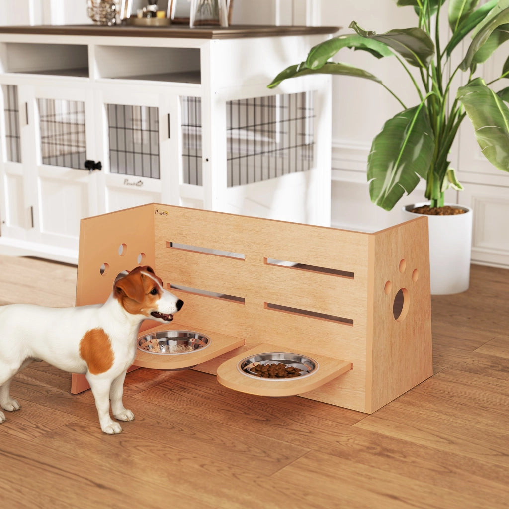 Supporto Ciotole per Cani Regolabile ¨C Xylo ¨C 3 Altezze 2 Ciotole Inox 63x58,5x40cm Rovere