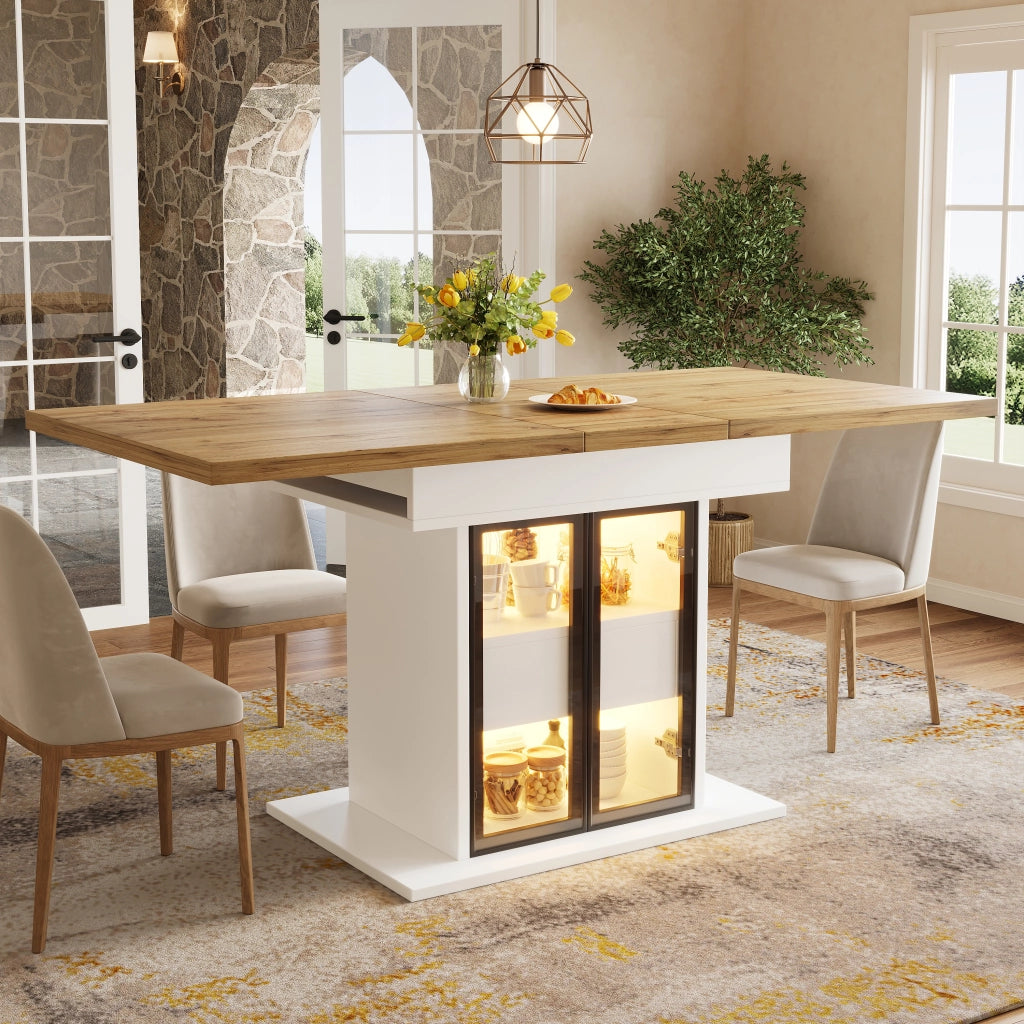 Tavolo da pranzo allungabile con 2 cassetti, ripiani regolabili, ante in vetro e LED RGB, per cucina e sala da pranzo