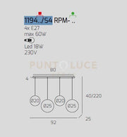 SOSP. OTTONE SAT. 4 LUCI RETTANGOLARE VETRI (2 PICCOLI +2 MEDI) TUTTI AMBRA 1194OS-S4 RPM-AM