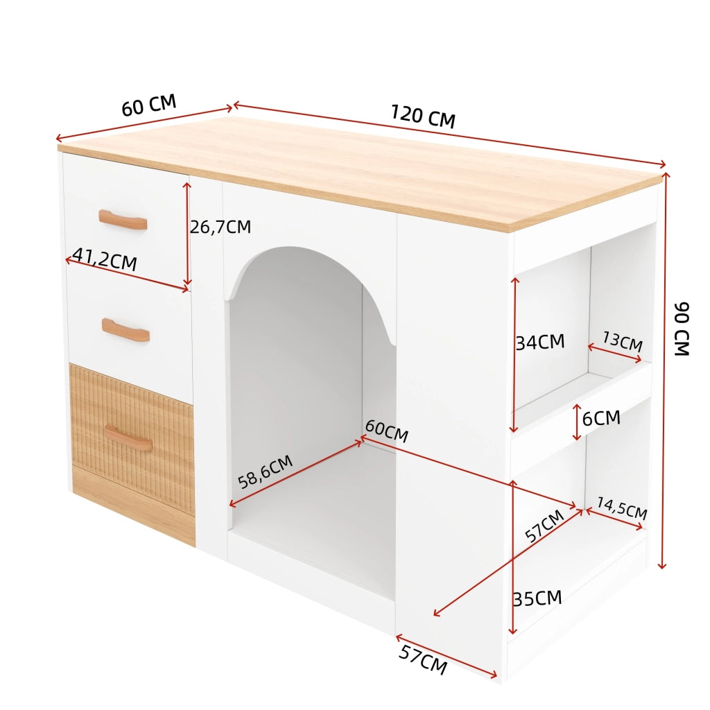 Isola da Cucina 120×60×90 cm con 3 Cassetti; 2 Ripiani Laterali e Zona Riposo per Animali; Bianca Legno