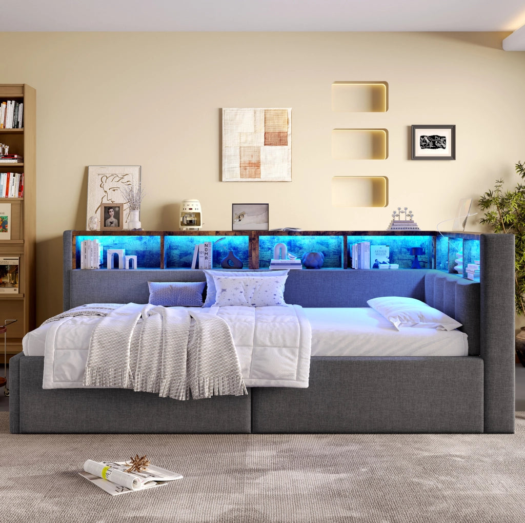 Divano letto 90x200 cm con luci LED e porte USB e Tipo C; in lino grigio