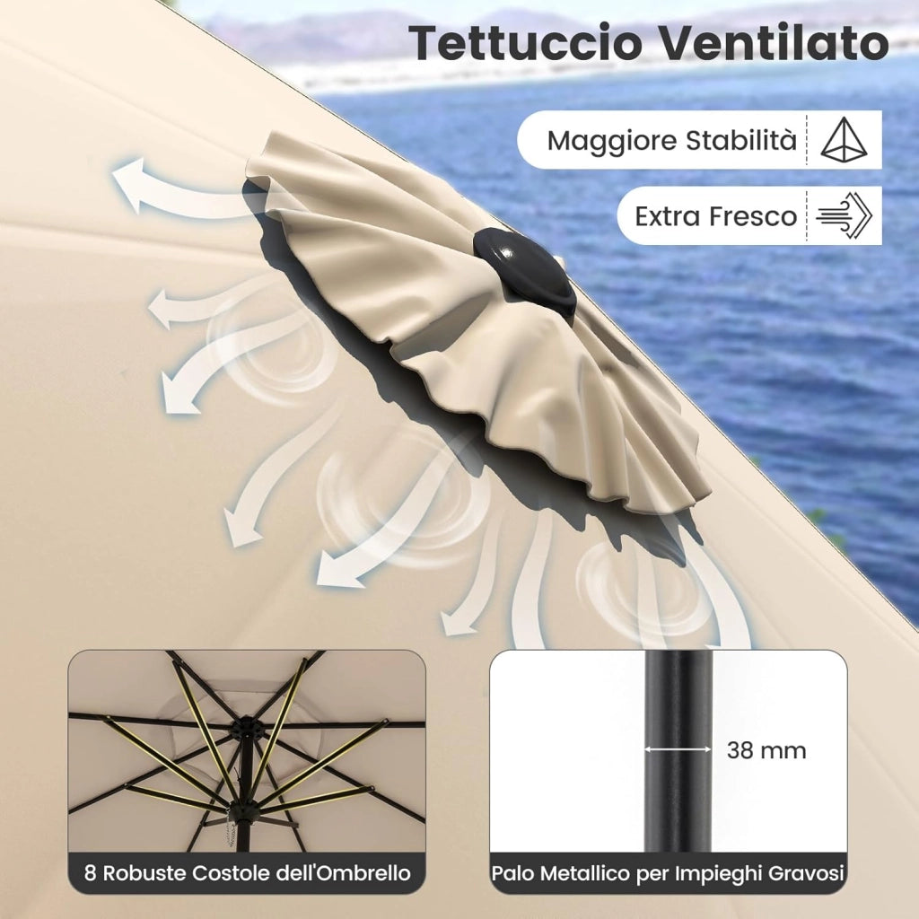 Ombrellone da Giardino 270 cm, Ombrellone da Esterno con Inclinazione Regolabile, Manovella, 8 Stecche, Tettuccio Ventilato, per Spiaggia, Bordo Piscina (Beige, 270 cm 8 Stecche)