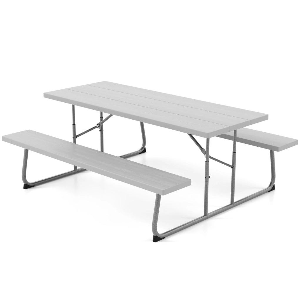 Tavolo da picnic pieghevole con 2 panche, Set di tavolo da 183cm con telaio in metallo e foro per ombrellone Grigio-Tavoli e sedie da campeggio