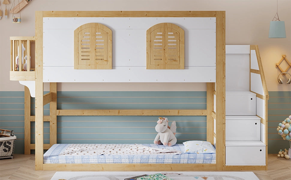 LETTO A CASTELLO 90x200 cm con scaletta contenitore, legno bianco/naturale