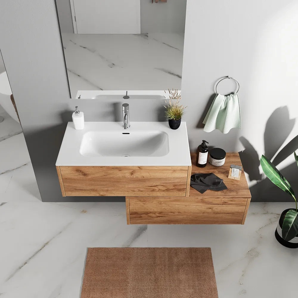 Mobile bagno sospeso modulare 70cm due cassetti apertura push&pull rovere gransasso con lavabo | Galdor
