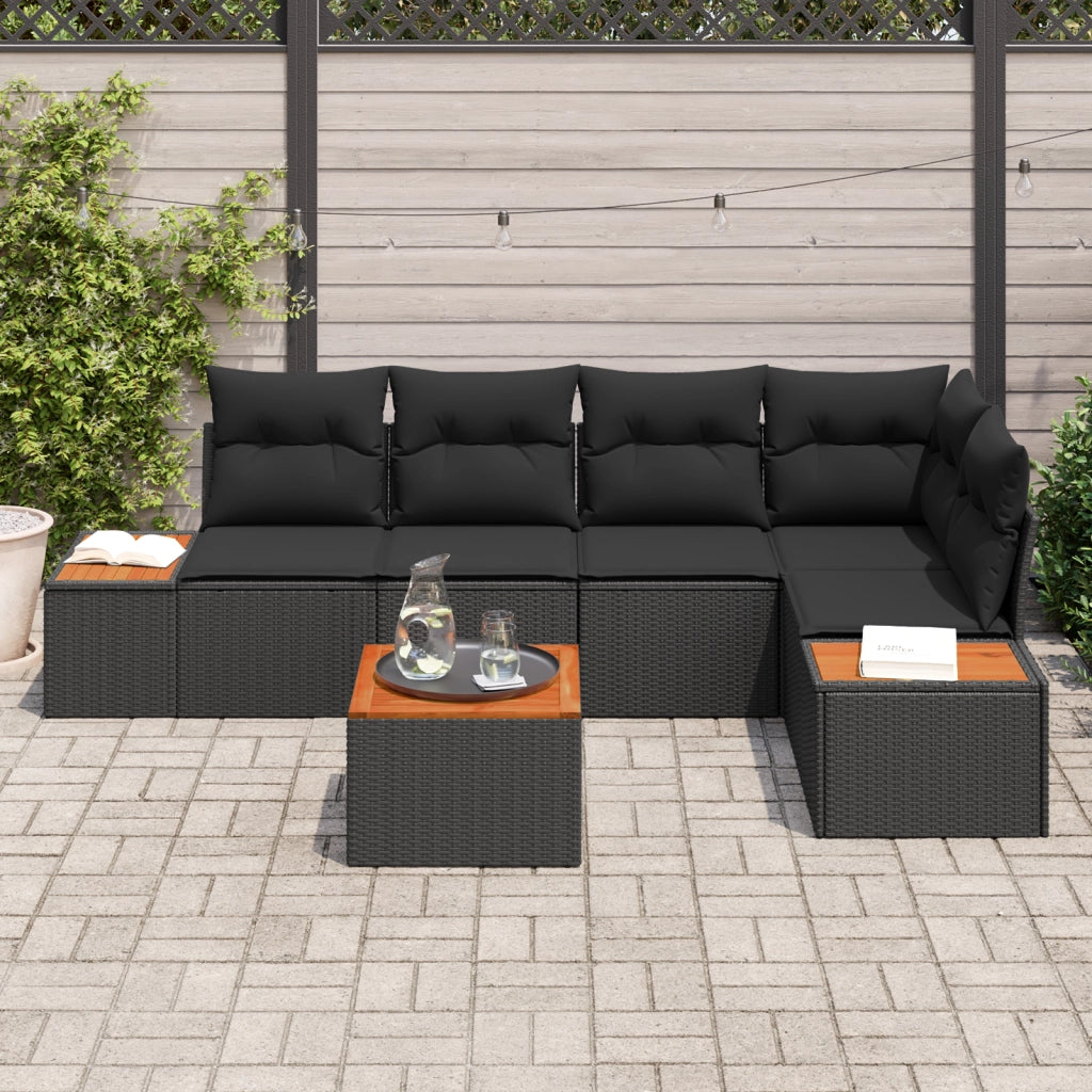 Set di Divano da Giardino a 6 Pezzi con Cuscini Neri in Polyrattan